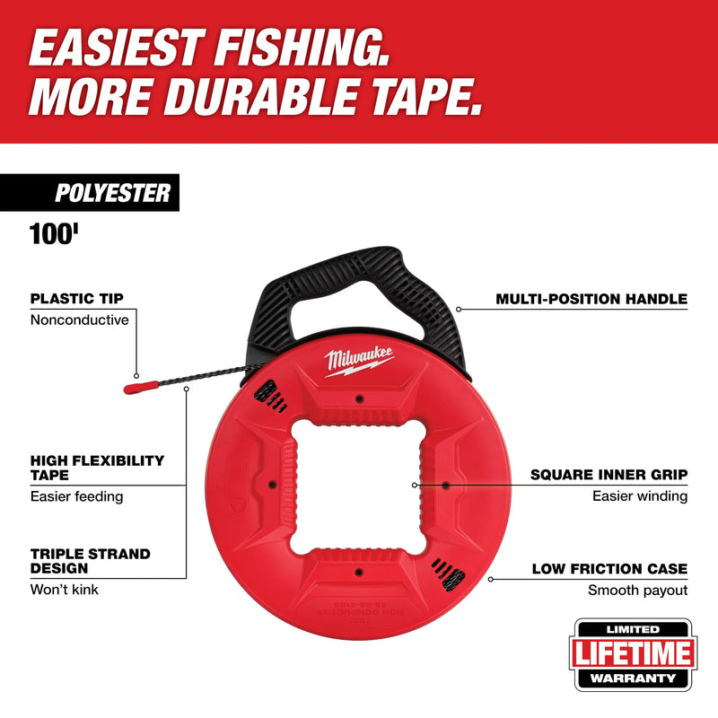 Milwaukee 100’ Polyester Fish Tape with Nonconductive Tip 48-22-4165