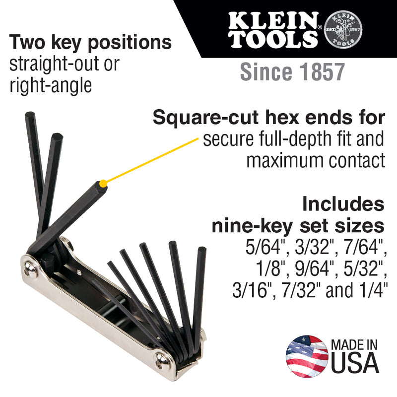 Klein Tools  Folding Hex Key Set, 9-Key, SAE Sizes
