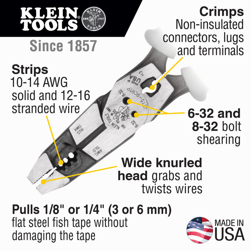 Klein Tools  Hybrid Pliers with Crimper, Fish Tape Puller and Wire Stripper